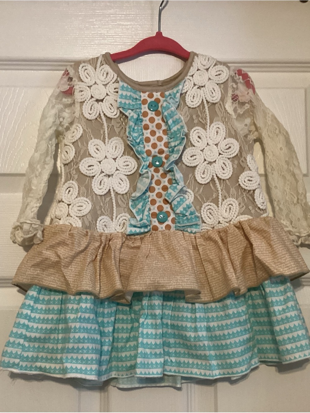 Girls' Lace & Ruffle Casual Dress in Cream, Tan & Aqua